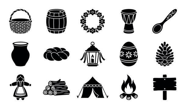 Traditional and cultural concept icons with basket, drum and campfire for infographic design in solid glyph style