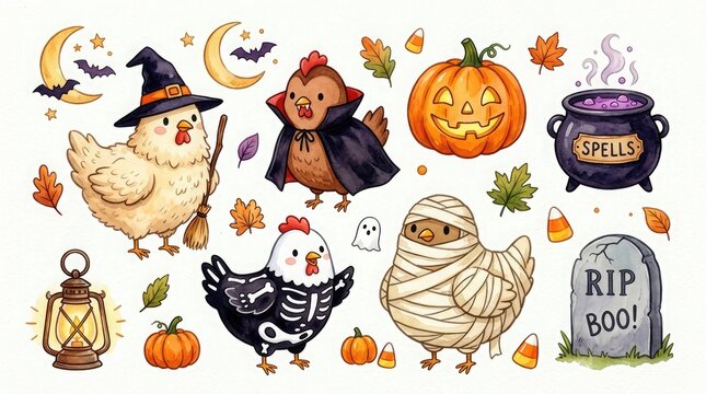 Watercolor collection of cute chickens dressed in funny halloween costumes with pumpkins and a witch cauldron illustration