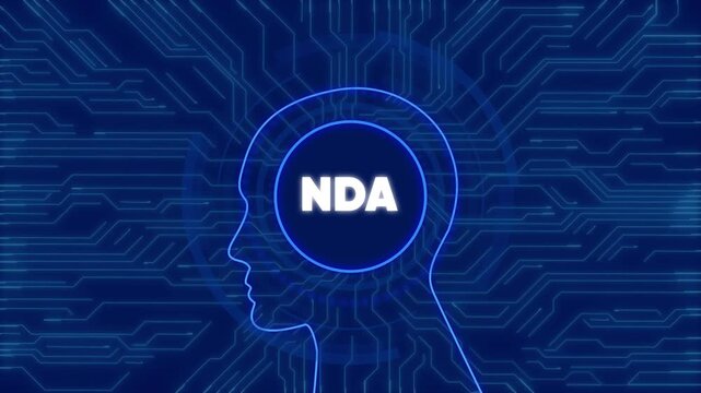 Nda concept animation: digital human head silhouette with cybernetic circuitry background