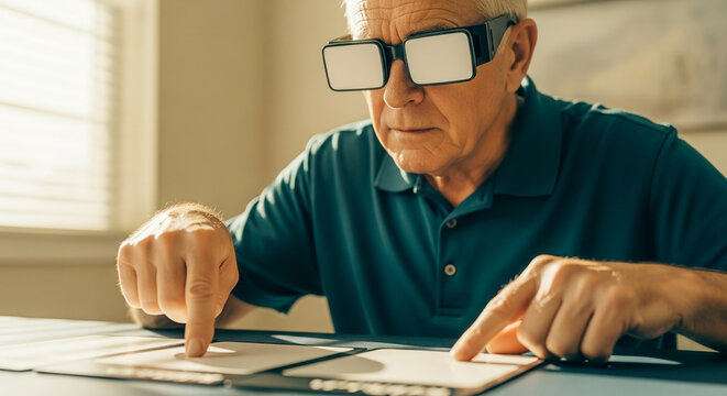 Senior elderly man wearing assistive low vision technology glasses while touching white cards on a table in a domestic home setting environment.