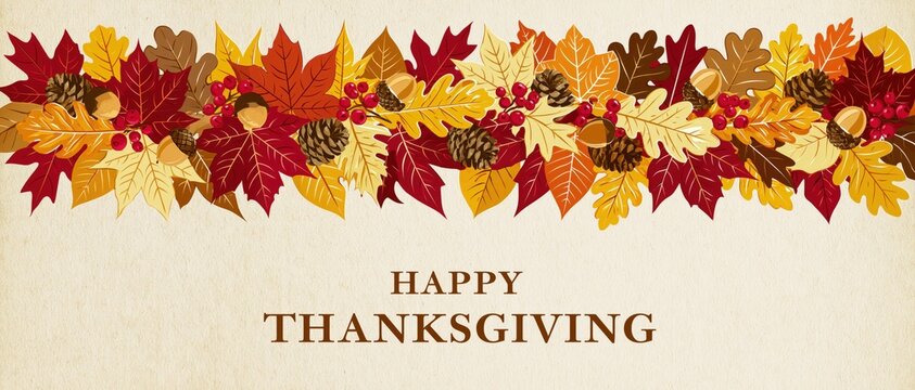 Rustic Happy Thanksgiving Card Featuring Hand Drawn Autumn Foliage Border with Acorns Pinecones and Berries on Textured Vintage Paper Background