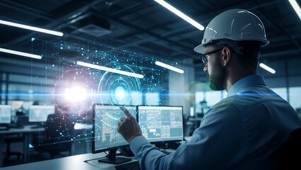 Fototapeta premium Engineer wearing a hard hat interacting with a futuristic holographic data interface in a high-tech modern office environment