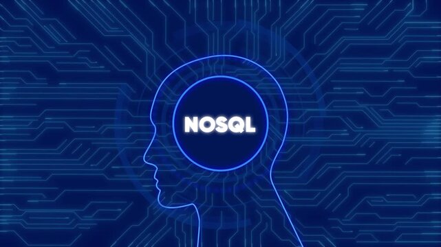 No sql database technology concept with digital human head and circuit board background