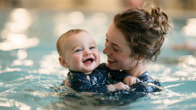 Happy young mother holding laughing baby boy in swimming pool water enjoying playful bonding moment indoors during water activity session with joy and affection