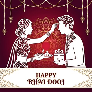 Happy bhai dooj greeting card with sister applying tilak to brother