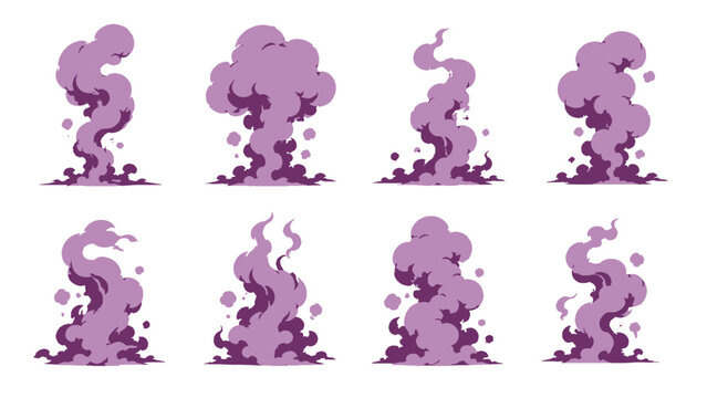 Set of purple cartoon smoke cloud effect vector elements