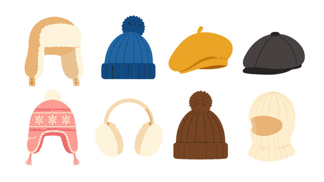 Collection of winter hats and earmuffs in flat vector style