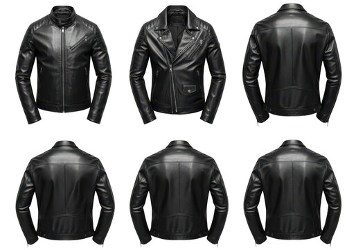 Black leather biker jacket front and back view isolated on transparent background