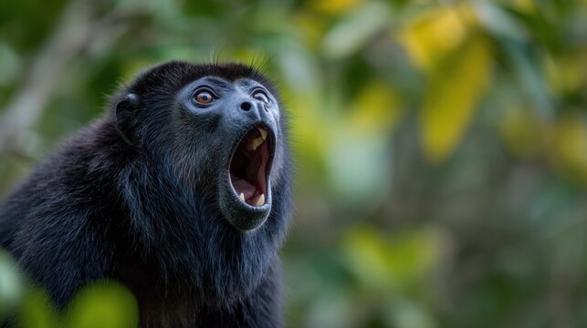 Black howler monkey screaming with open mouth in tropical jungle