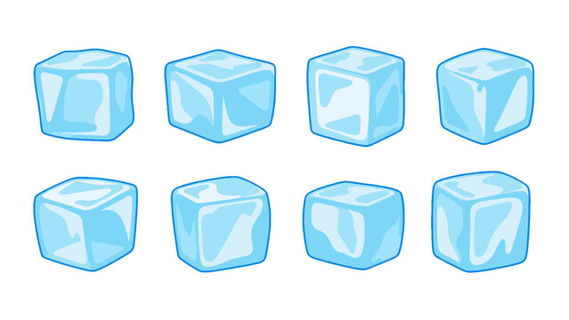 Set of blue cartoon ice cubes in different angles