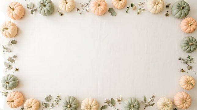 A festive happy halloween background featuring a decorative border of small pumpkins and autumn leaves with a blank center space for your custom text