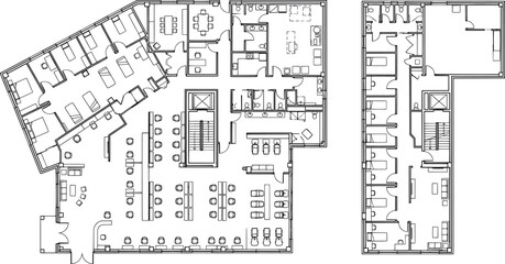 Fototapeta premium Floor plan of a modern office building with various rooms and furniture layout