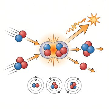 Detailed Scientific Illustration of Nuclear Fusion Process Showing Hydrogen Isotopes Fusing into Helium and Releasing Energy