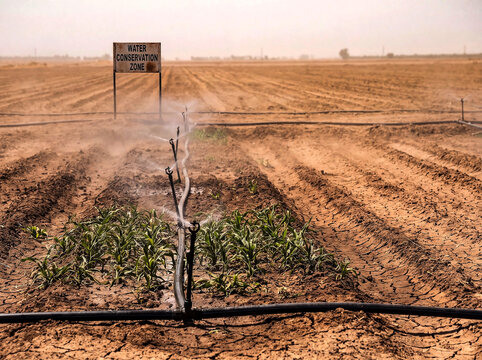 Dry agricultural field with young crops during prolonged drought, illustrating climate change, water scarcity and environmental challenges.