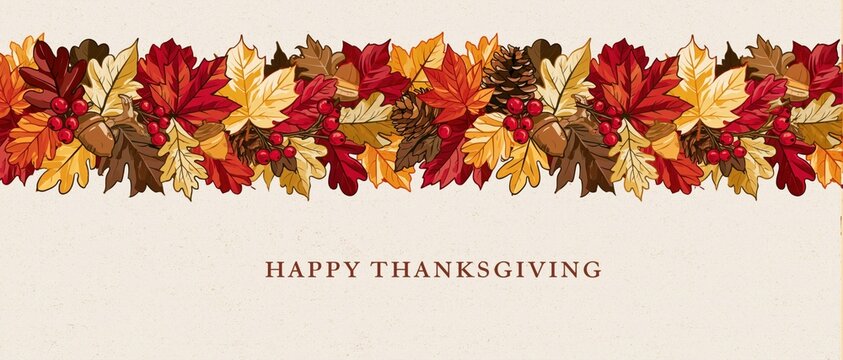 Rustic Happy Thanksgiving Card Featuring Hand Drawn Autumn Foliage Border with Acorns Pinecones and Berries on Textured Vintage Paper Background