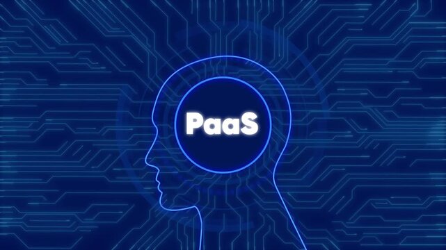 Paa s platform as a service concept with digital human head and circuit board background