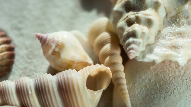 Seashells from Vacation. The camera moves very slowly along a variety of sea shells lying on the sand