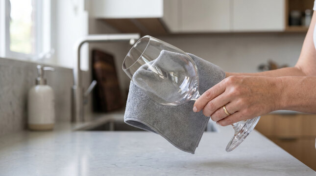 Hand drying wine glasses with cloth in modern kitchen setting  
