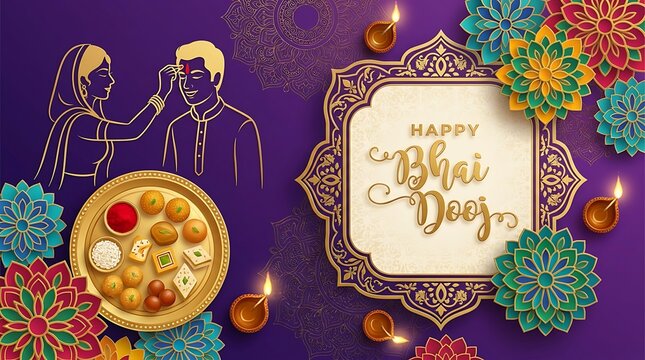 Happy bhai dooj greeting card with traditional sweets and diya lamp illustration