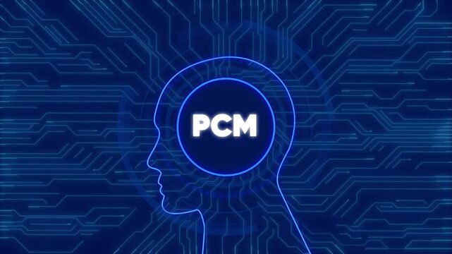 Pcm concept with digital human head silhouette and glowing circuit board background motion