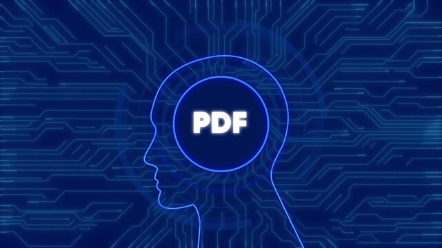 Digital pdf document concept with human head silhouette and glowing circuit board network