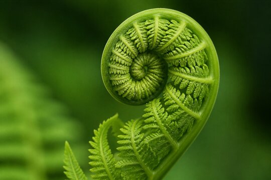 Unfurling fern frond spiral in green forest closeup