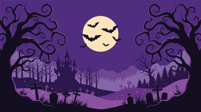 Spooky halloween background vector illustration featuring a haunted castle silhouette with a full moon and flying bats in purple night sky