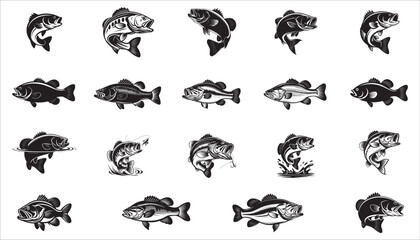 Fototapeta premium Bass fish silhouettes collection. Set of black vector icons for fishing and wildlife design.