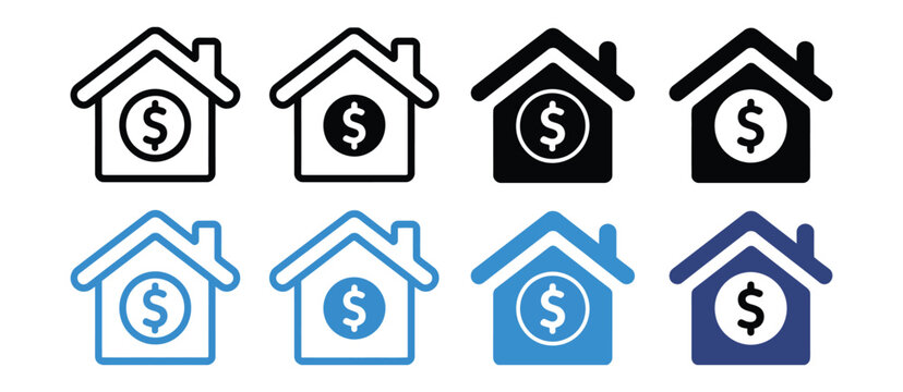 Home value icon set, house price symbols for property valuation, housing finance, mortgage payment, real estate investment, and residential assets.