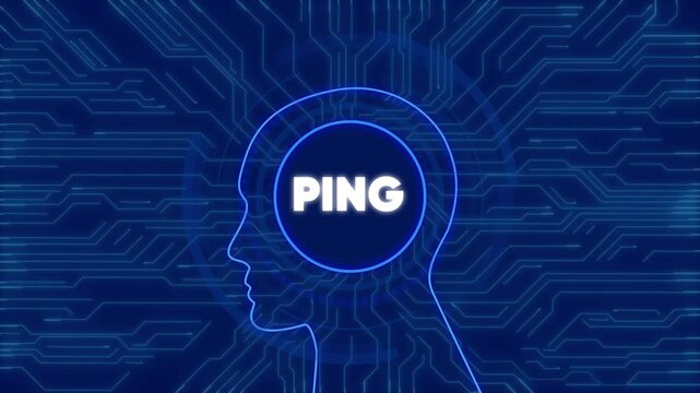 Digital ping concept: human head silhouette with circuit board network background