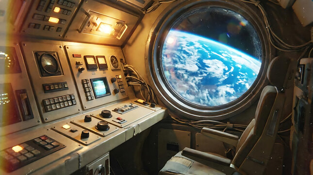 View of a spacecraft control panel showcasing the intricate controls with the beautiful earth visible through the porthole window