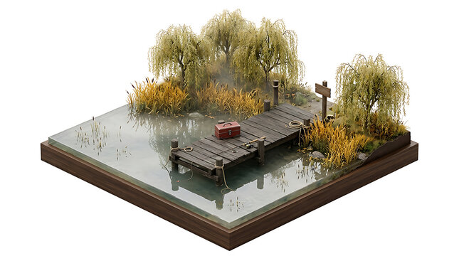 Wooden fishing pier with tackle box on a miniature island on transparent background