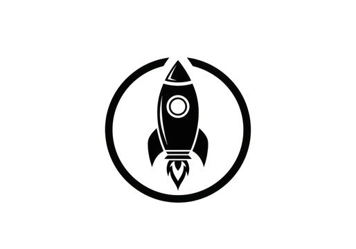 Black and white rocket ship icon in a circle