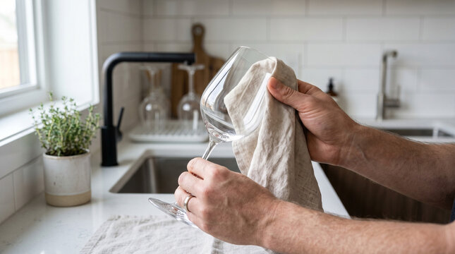 Man drying wine glass with cloth in modern kitchen setting  