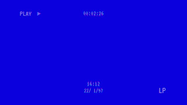 Retro vhs blue screen background with glitch distortion effects and playback overlay, 4k vhs play video
