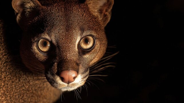 Fossa close-up portrait with dramatic dark background, photorealistic CGI