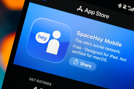 In this photo illustration, the Space Hey logo is seen displayed on a smartphone screen in the Apple app store.