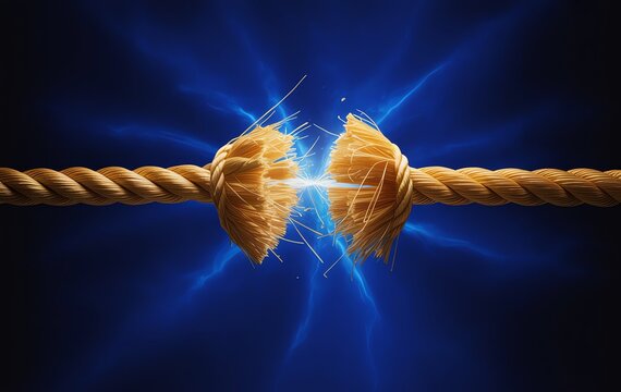 Powerful image showing rope snapping under extreme tension with blue glowing energy on dark background