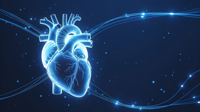 Abstract glowing blue digital human heart illustration for medical cardiology health and futuristic biotechnology science