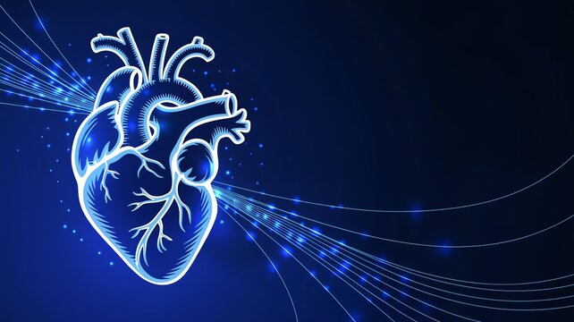 Blue glowing anatomical human heart illustration representing medical technology cardiology healthcare and advanced digital health