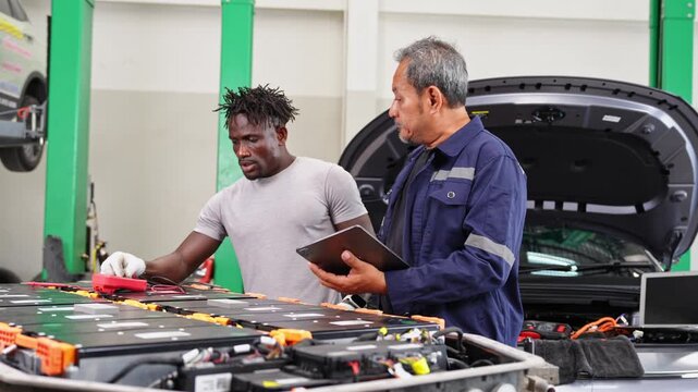 Two automotive technicians engaging in a conversation about maintaining car batteries in a workshop environment
