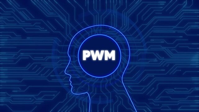 Pwm technology concept: digital human head silhouette with glowing circuit board