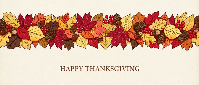 Rustic Happy Thanksgiving Card Featuring Hand Drawn Autumn Foliage Border with Acorns Pinecones and Berries on Textured Vintage Paper Background