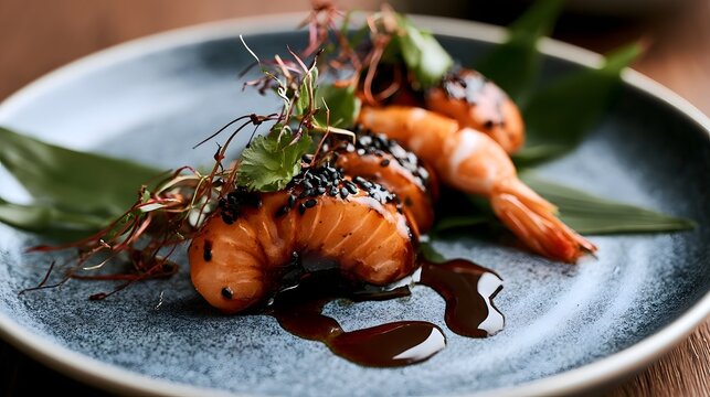 Garnished shrimp dish served on a dark ceramic plate with sauce drizzle and fresh herbs as decorative accents