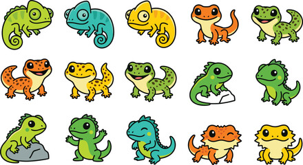Fototapeta premium Cute Cartoon Lizard Mascot Icon Set with Kawaii Chameleon Gecko Iguana Bearded Dragon and Salamander Reptile Characters for Children Graphic Designs