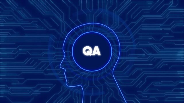 Qa assurance concept with digital human head silhouette and circuit board background