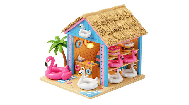 Isometric beach hut shop with inflatable pool floats on transparent background