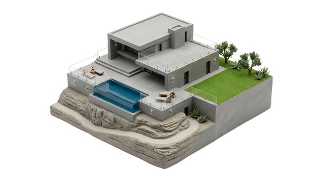 Modern luxury villa model with swimming pool on transparent background