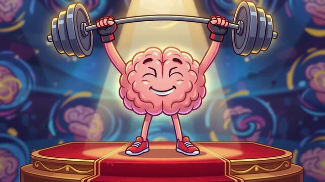 Cheerful cartoon brain lifting heavy barbell, energetic fitness pose, symbolizing mental strength, cognitive development, 4K video