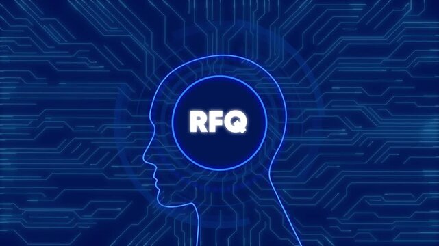 Rfq concept with digital human head silhouette and circuit board background, animation desi